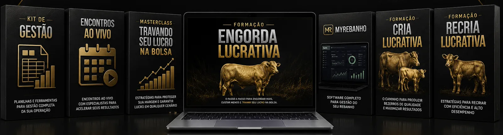 Tudo que está incluso na Formação: curso completo, Kit de Gestão, encontros ao vivo, masterclass, MyRebanho e cursos de Cria e Recria